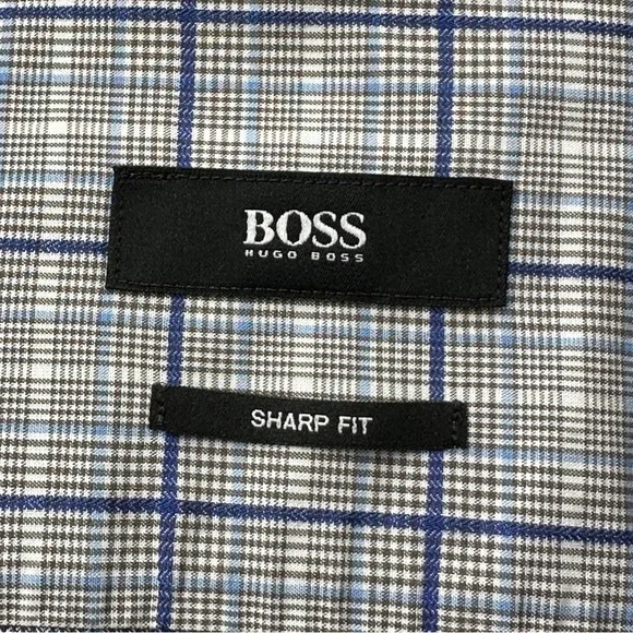 Hugo Boss Shirt Mens 15.5 Blue Plaid Cotton Sharp Fit Button Up Long Sleeves - Picture 2 of 11